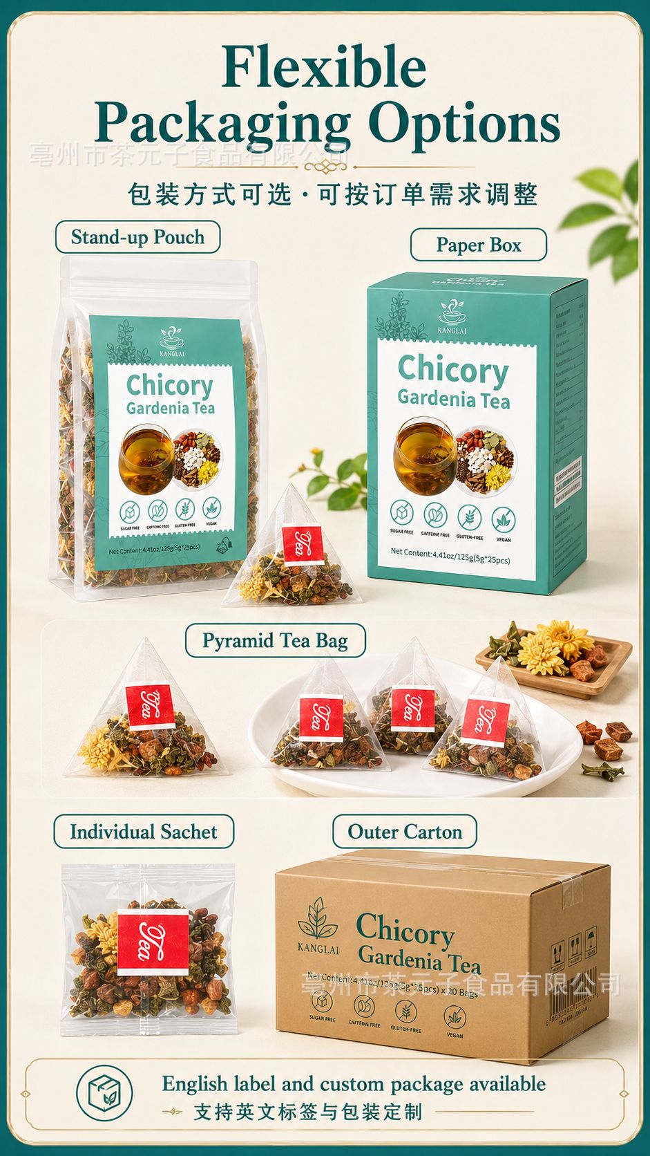 Chicory and Gardenia Tea Bags Zhi Ju Cha 25 Tea Bags with Chrysanthemum Dandelion Root and Mulberry Leaf in use