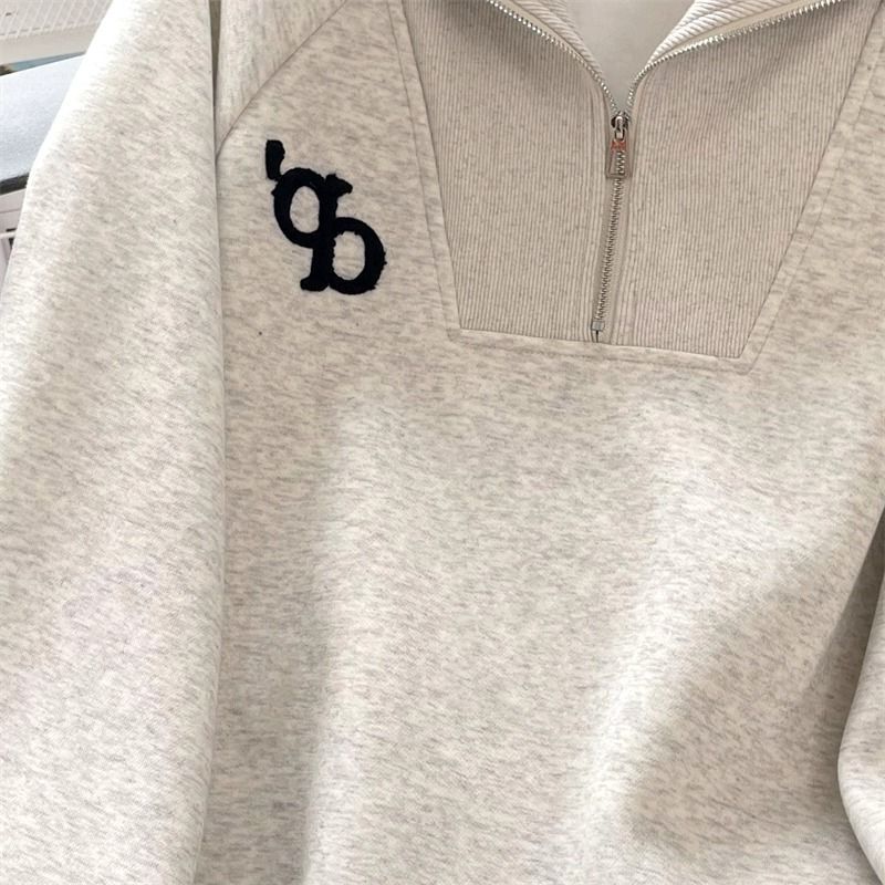 Women's Clothing Gray lapel sweatshirt women 2024 autumn and winter new loose retro small half zip top jacket_voghion.com