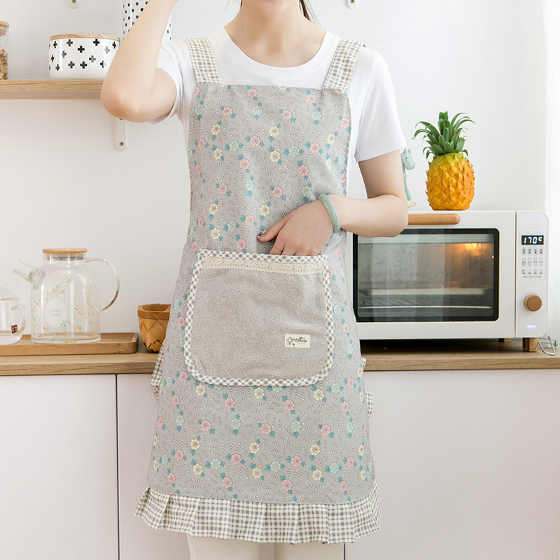 Korean Style Floral Adult Kitchen Cleaning Vest Waist Fashionable Home Erasable Hand Pocket Cotton Apron Work Clothes
