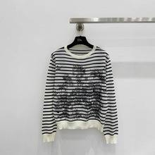 高定D家 25早春新款字母花卉图案印花长袖针织衫圆领撞色条纹女