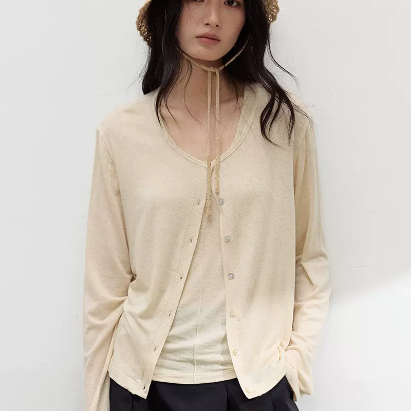 春夏醋酸亚麻开衫女新款天丝莱赛尔薄款百搭外套简约纽扣条纹上衣