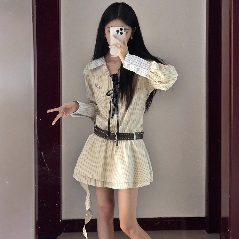College Style Long-Sleeved Stripesd Shirt Dress for Women Spring and Autum 2025 New Tea Style Fake Two-Piece Short Skirt