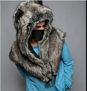 2022 autumn and winter new hooded warm shawl imitation fur hat shawl warm animal hat ears cute
