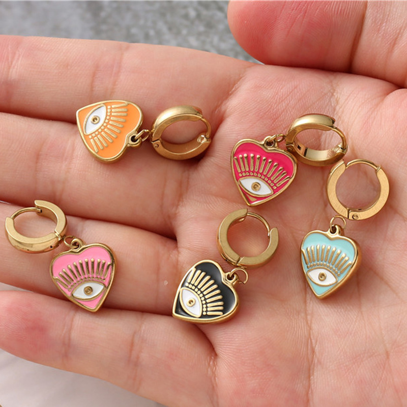 Fashion Heart Shape Eye Stainless Steel Enamel Plating Drop Earrings 1 Pair