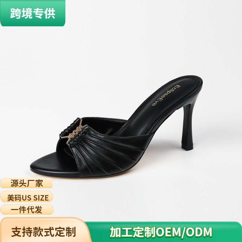 Amazon Cross-Border Exclusive Pleated Metal Women's Buckle Fish Mouth Sexy Stiletto Sandals High Heel Open Toe Slippers