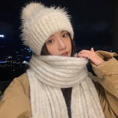 百搭毛绒绒针织帽子女防寒保暖围巾两件套秋冬时尚休闲包头毛线帽