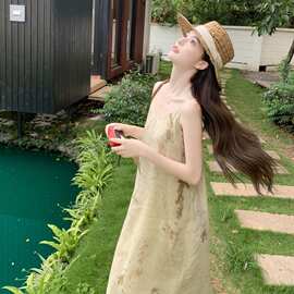 现货新款波西米亚风亚麻沙滩吊带连衣裙-