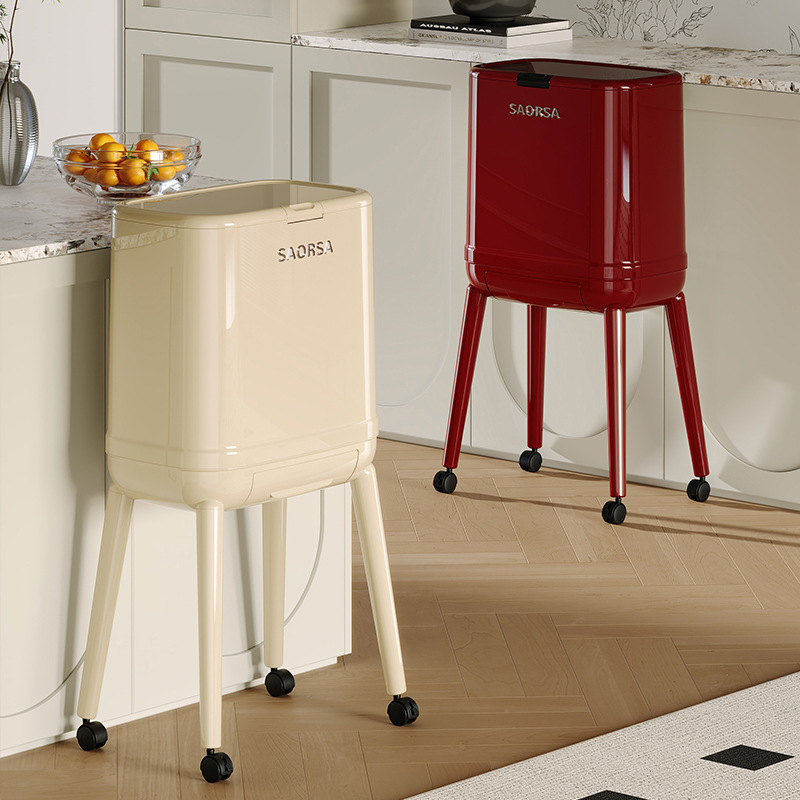 2025 New High-Looking, Large-Capacity Wheeled Movable Kitchen Household Bend-Free High-Foot Trash Can with Lid