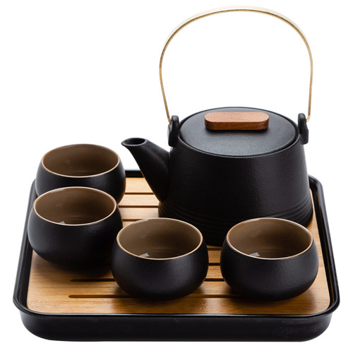 Japanese black pottery tea set with beam, one pot, four cups, tea tray, office home tea set gift box with custom logo