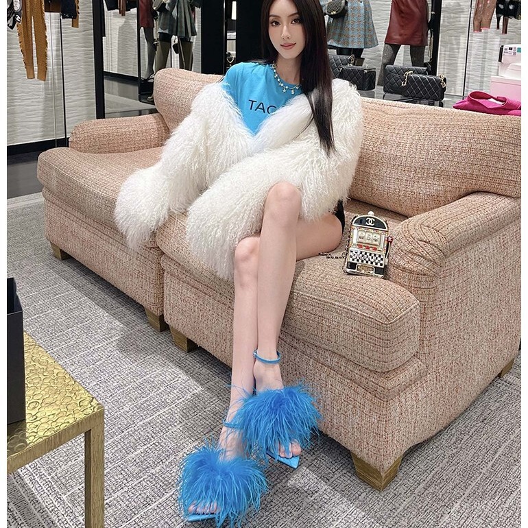 2025 Spring/Summer New Celebrity Style Women's Blue Feather High Heels Versatile Strappy Pointed Toe Stiletto Sandals