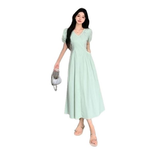 Summer Style Chic Unique Whitening V-Neck Bubblesleeve Dress New Slimming Tea Party French Waist Cinching Gentle Long Dress