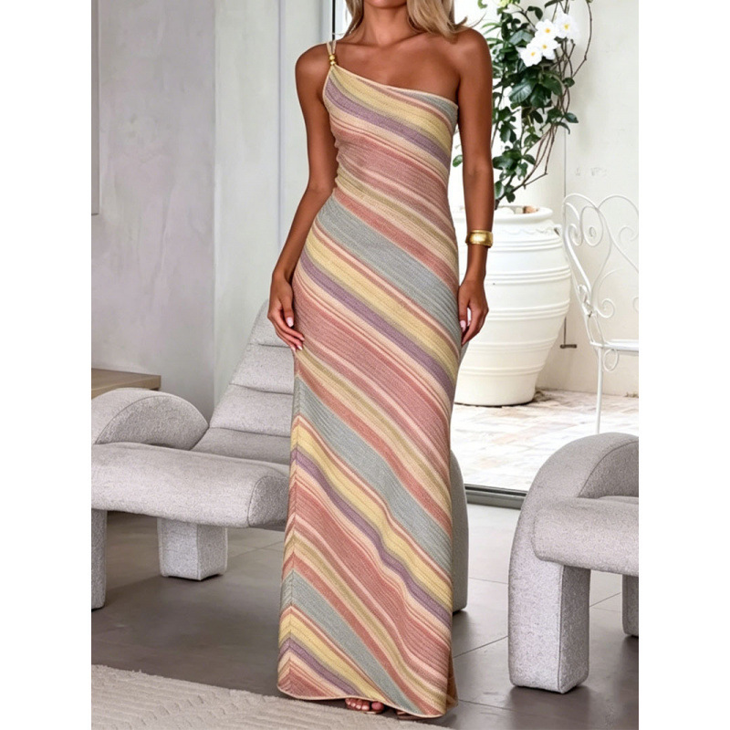 Cross-Border European and American Foreign Trade Women's Clothing New Style One-Shoulder Elastic Printed Slim-Fit Dress Ins Party Vacation Dress