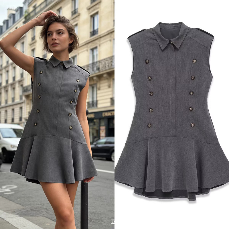 Za Foreign Trade Cross-Border Wholesale European and American Style Women's Summer Fashion Padded Shoulder Layered Decorative Sleeveless Short Dress