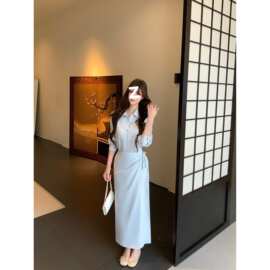 kumikumi气质系带翻领长袖连衣裙女装秋季法式减龄收腰衬衣裙长裙