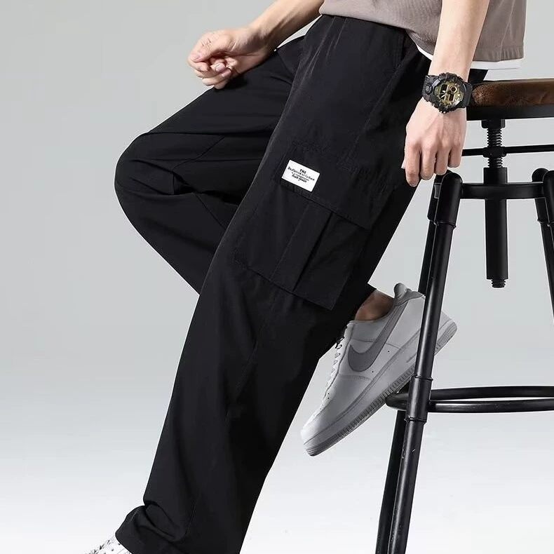 Men's summer thin sports silk casual trousers, loose straight fit