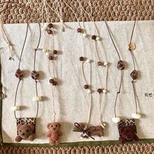 秋冬小熊宝宝卡通小动物编织绳串珠项链女可爱长款挂脖毛衣链配饰