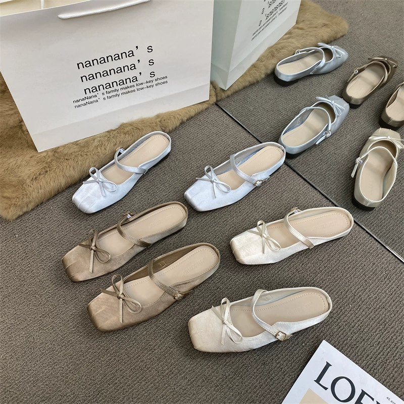 XINZHOU 2025 Spring New Style Temperature Satin Bread-toe Half Slippers Wear Women's Shoes with Bow Square Toe Flat Sole Cool
