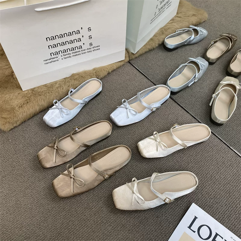 XINZHOU 2025 Spring New Style Temperature Satin Bread-toe Half Slippers Wear Women's Shoes with Bow Square Toe Flat Sole Cool