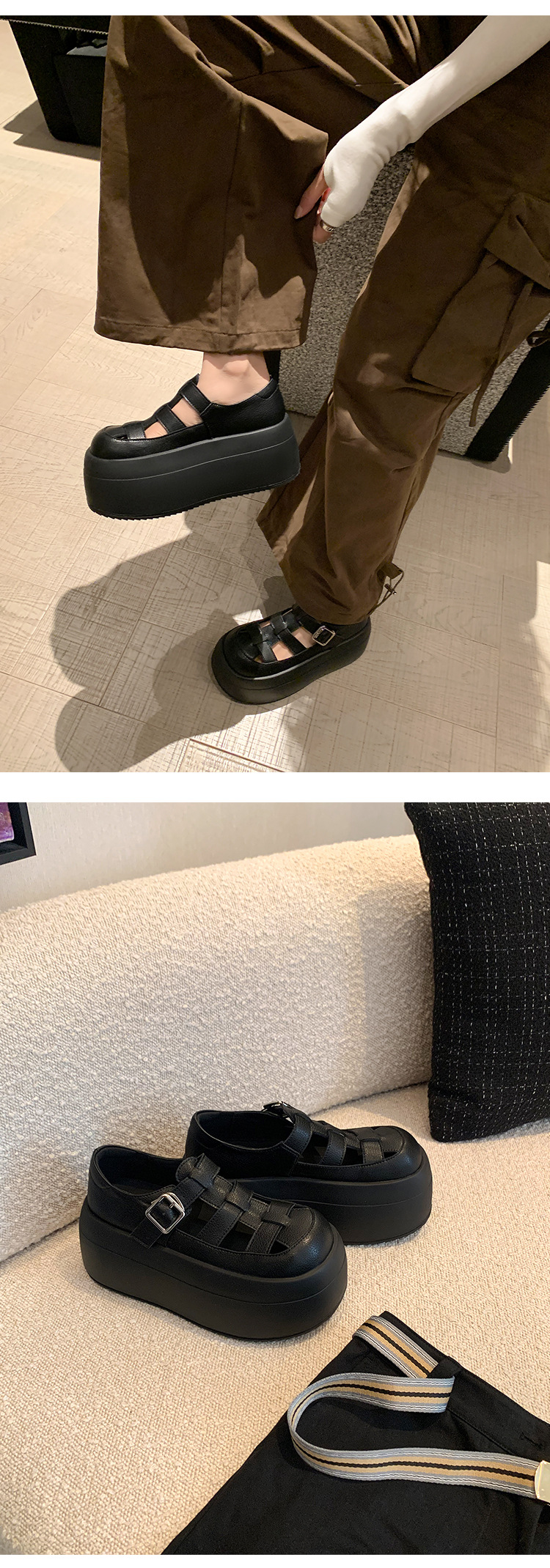 Sandal nữ đế dày bít mũi thể thao đi biển, đan thoáng khí — màu đen, màu trắng ngà chi tiết 11