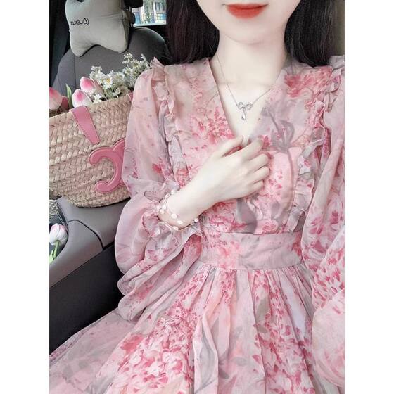 plus size Chubby Floral Long-sleeved dress Women's Spring and Summer Elegant Goddess Style Tight Waist Dress Gentle Long Dress