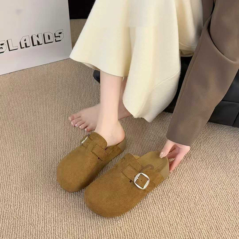 跨境真皮勃肯鞋女2025秋季新款厚底一脚蹬懒人半拖外穿包头拖鞋|undefined