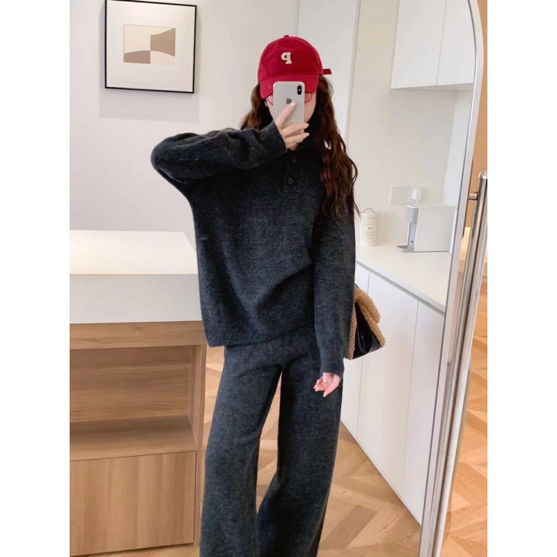 Herbst und Winter neuer Anzug lässiger Pullover Polokragen Strickpullover weite Beinhose zweiteiliges Set für Damen_voghion.com