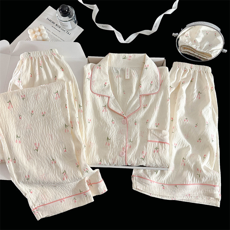 Pijamas de amor dulce de color, pantalones de manga corta de hilo de algodón de nube de verano para mujer, cárdigan de tres piezas, servicio a domicilio