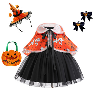 Cross Border New Halloween Holiday Dress Girl Ghost Witch Skull Black Vest Mesh Dress suit