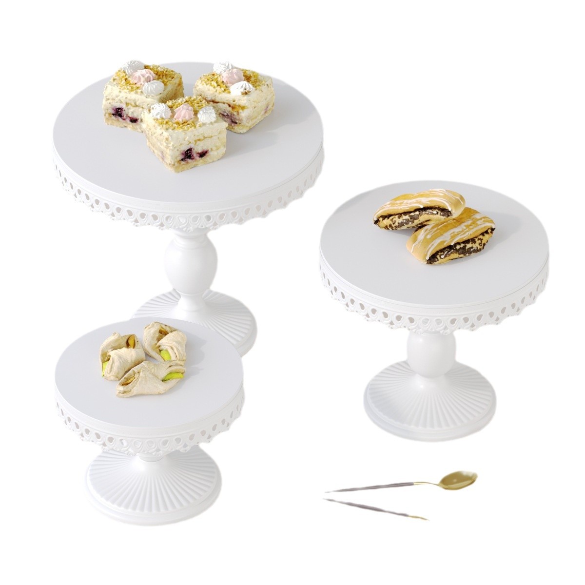 Nuevo plato de pastel de postre punto oeste blanco hierro forjado bandeja de pastel al por mayor ventanas de exhibición accesorios desmontables image 6