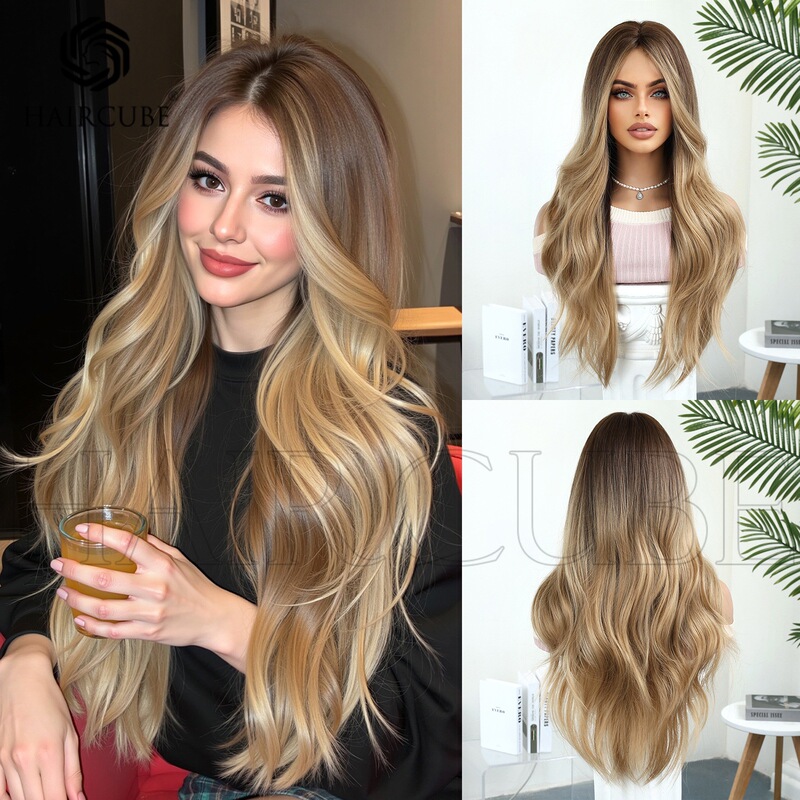 Golden Gradient Dyed Wig Headgear Machine-Made Chemical Fiber Hair Top Dyed Wavy Layered Ladies Elegant Headgear New Style Golden Gradient Dyed Wig Headgear Machine-Made Chemical Fiber Hair Top Dyed Wavy Layered Ladies Elegant Headgear New Style