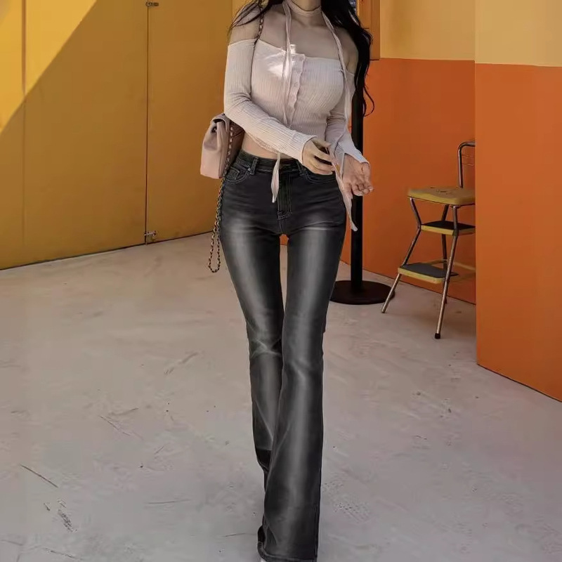 Women's Korean High-Quality Summer 2-Color Crotch-Enhancing Pants Korean Style New Low-Waisted Crotch-Enhancing High-Gloss Washed Bootcut Jeans