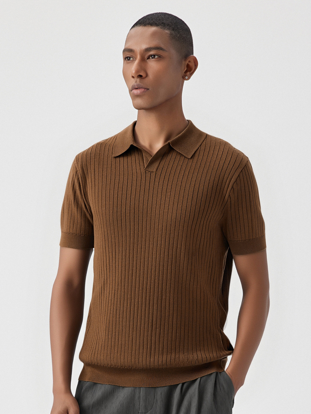 Camiseta Polo de Punto Jacquard con Cuello en V Estilo Americano para Hombre, Cuello Retro de Gaviota, Manga Corta, Modelo E75010