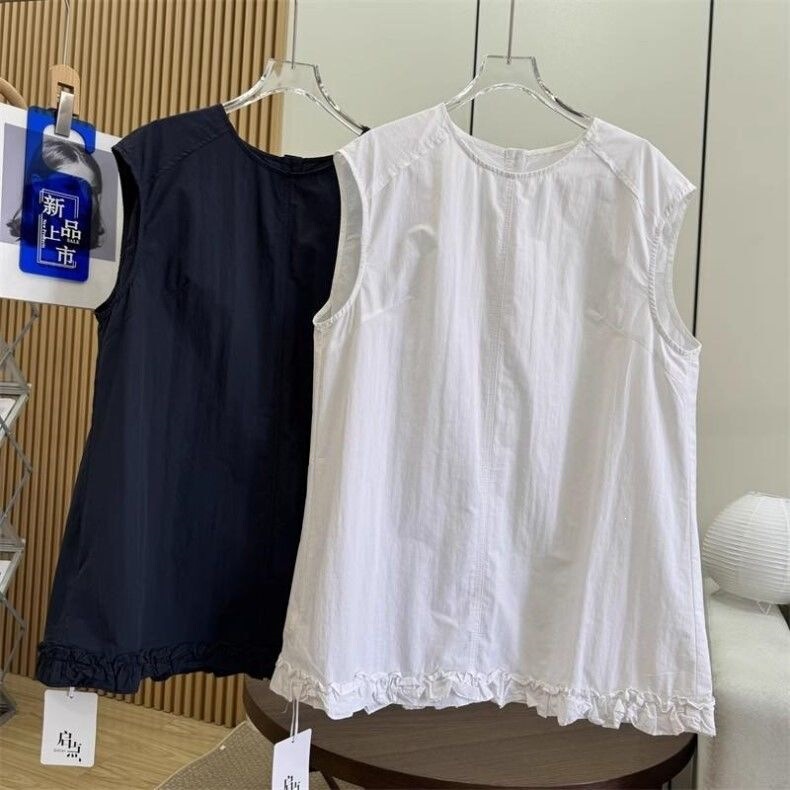 Round Neck Tank Top Shirt, New Summer Style 2026, Ruffled Hem Sleeveless Shirt, Loose and Versatile, with Back Buttons for Women