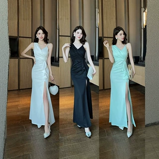 轻奢技师工作服时尚褶皱连衣裙48小时发货气质名媛无袖开叉鱼尾裙