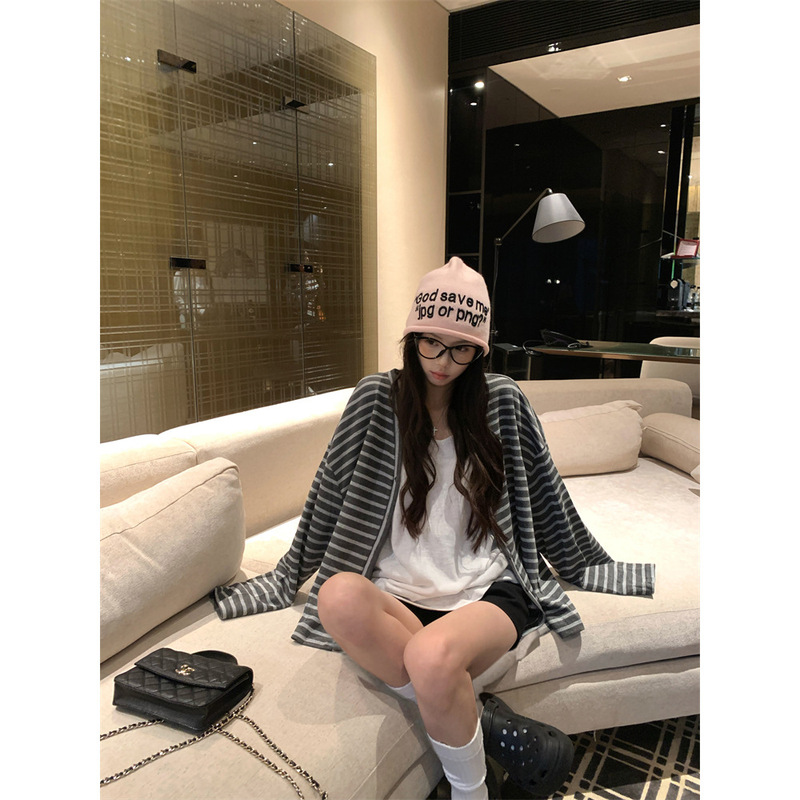 休闲慵懒风简约条纹v领开衫外套+背心+长裤黑条开衫休闲裤|undefined