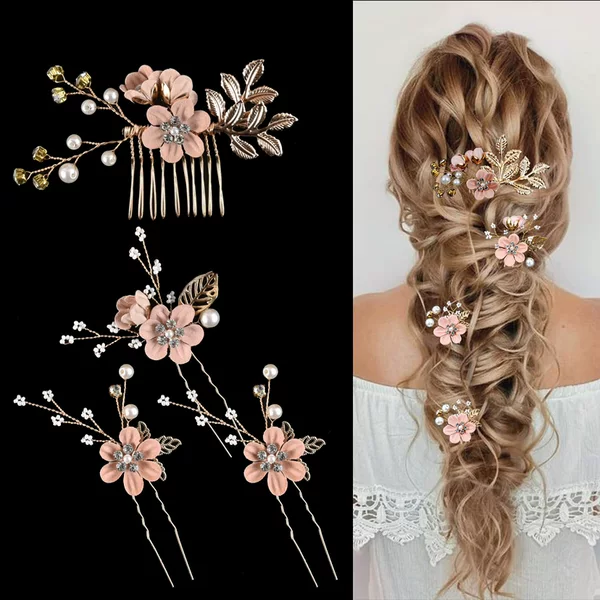 4-Piece Set of Bridal Flower Wedding Hairpins with Crystal Pearl Hair Comb Clip Headpiece and Gold Wedding Bracelet