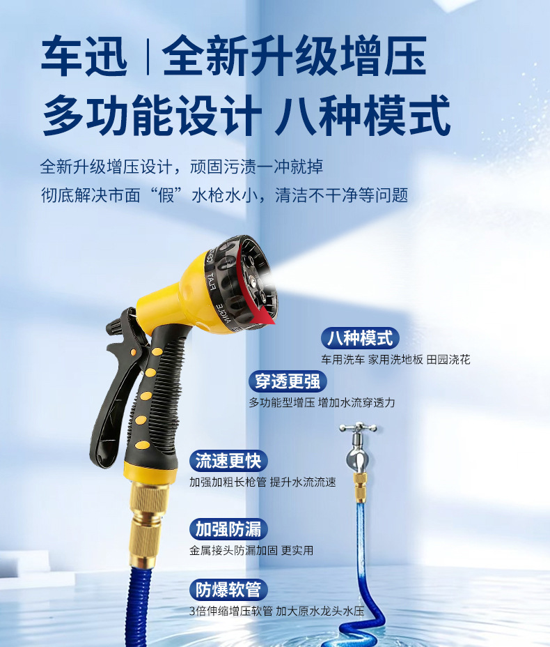High-Pressure Car Wash Water Gun, Household Telescopic Hose Set, Car Cleaning, Flower Watering, Cleaning, Multi-Functional Nozzle for Washing the Ground