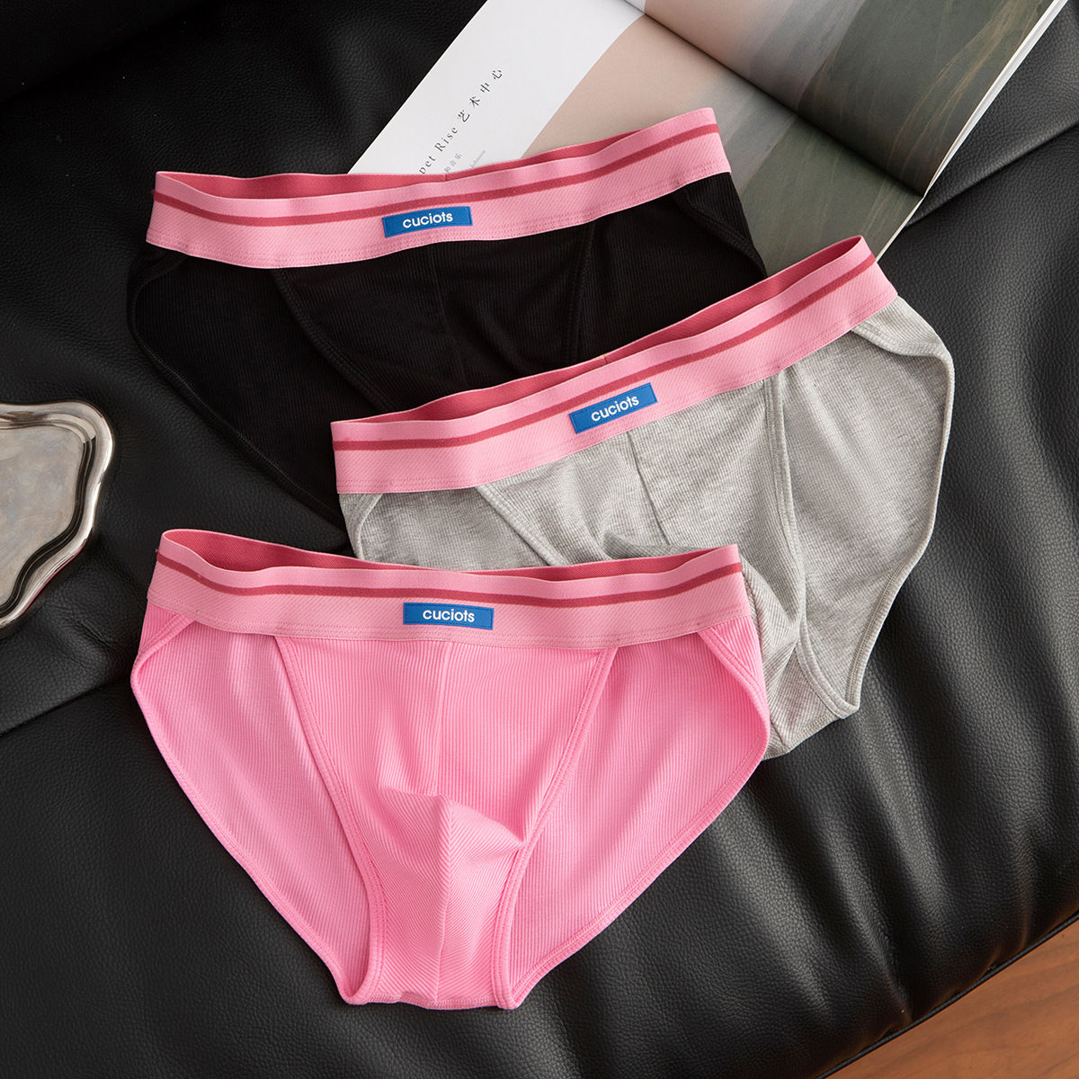 Sexy High-Cut Men's Briefs Modal Mid-Waist Comfortable Breathable Ribbed Boys' Underwear Triangle Youth Pink