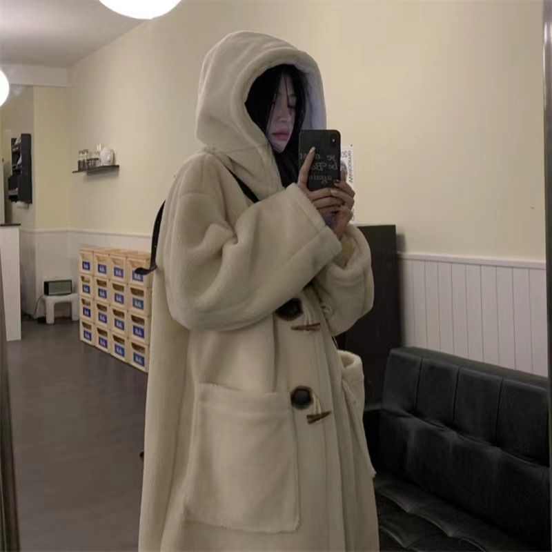 复古羊羔毛连帽外套女秋冬季加厚棉服中长款羊羔绒大衣小个子宽松|undefined