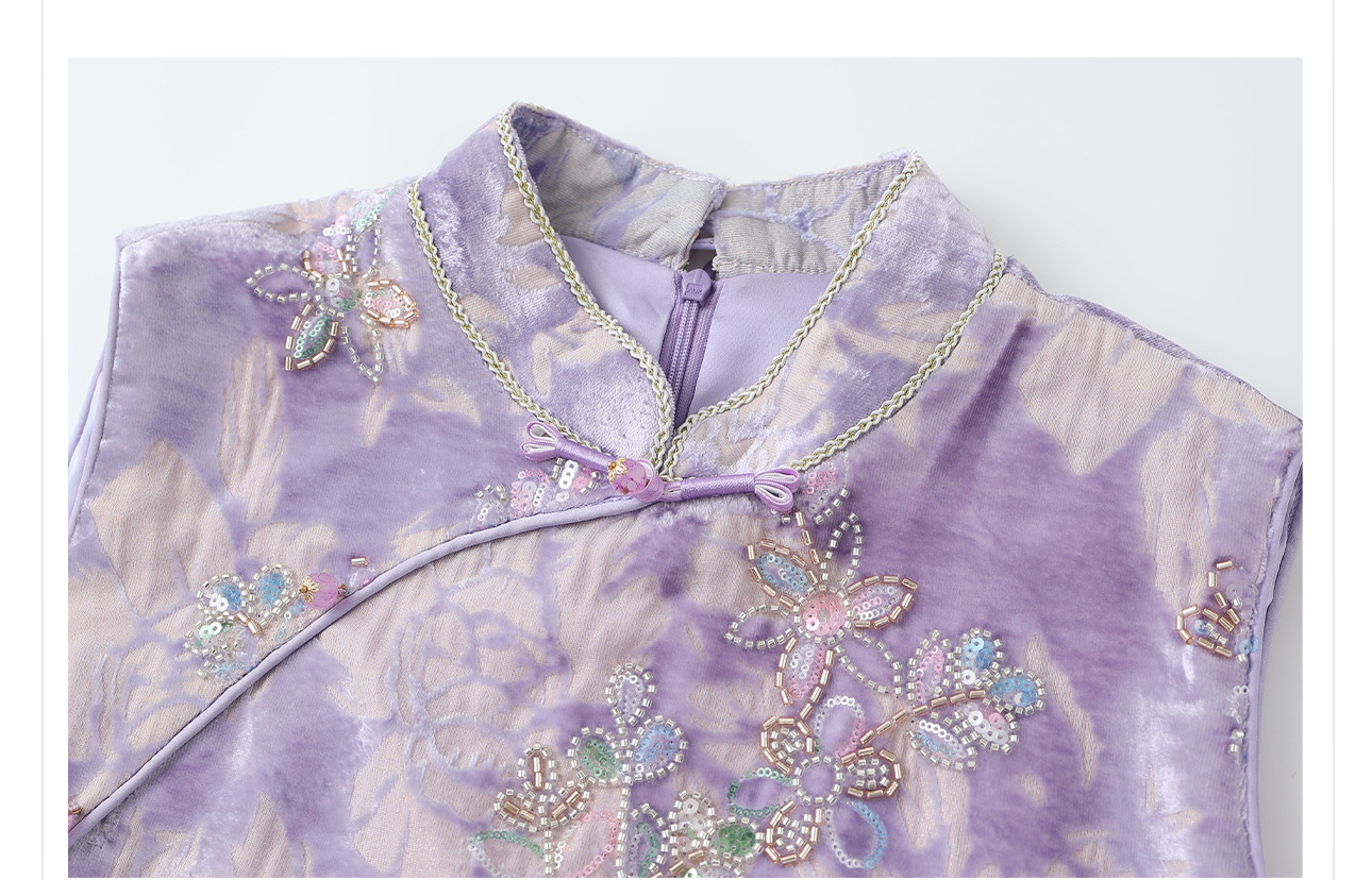 Đầm maxi nữ thắt eo phong cách cổ điển sang trọng kết hợp lông đà điểu và đính sequin thêu — màu tím chi tiết 17