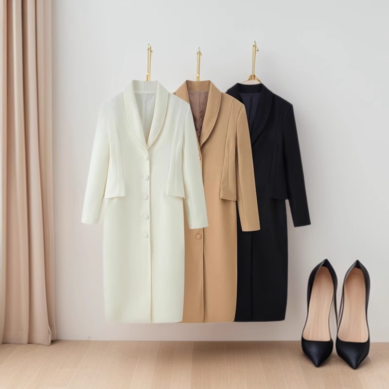 European and American Cross-Border Foreign Trade Wholesale Autumn and Winter New Style Elegant Lapel Slim Long Pocket Woolen Coat Jacket