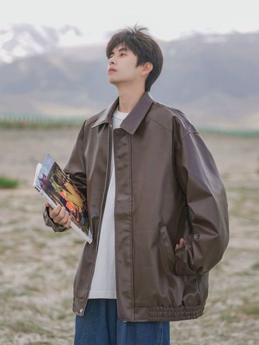 American street-style PU leather jacket for men, autumn trendy brand retro motorbike suit, loose men's leather coat