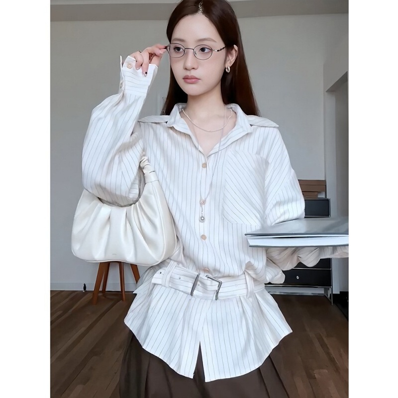 Xianyuyu [Ready Stock] High-Sense Waist-Cinching Stripesd Shirt for Women, Autumn Design Niche Long-Sleeved Retro Top
