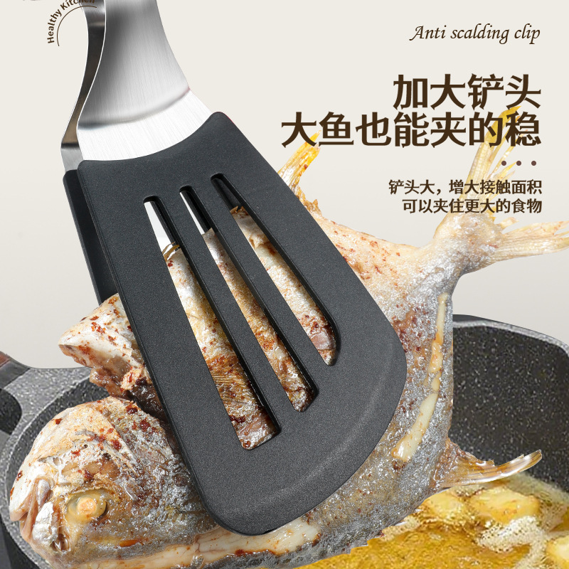 跨境厂家直销食品级硅胶不锈钢食物铲食品夹牛扒夹煎铲耐高温|undefined