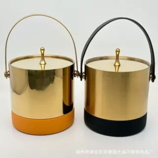 跨境不锈钢双层保温冰桶1.4L带盖防滑硅胶底手提斜底冰粒桶定制