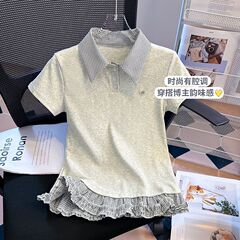 大码学院风格子拼接短袖T恤女夏季2025年新款宽松显瘦收腰上衣女