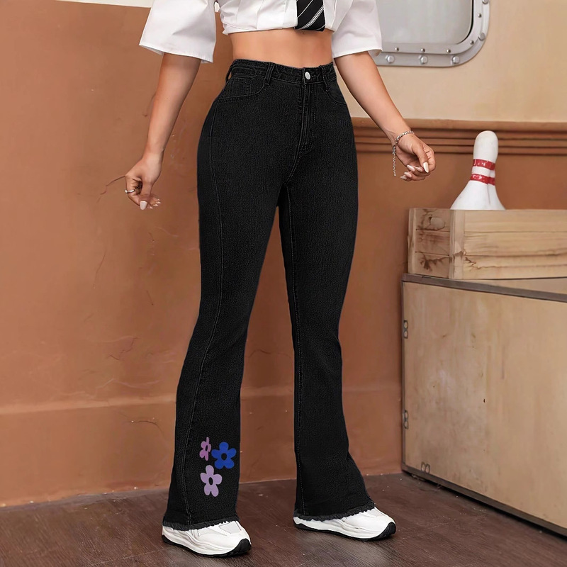 Amazon cross-border wish European and American women's flower print frayed tight sexy Denim trousers flared pants Amazon cross-border wish European and American women's flower print frayed tight sexy Denim trousers flared pants