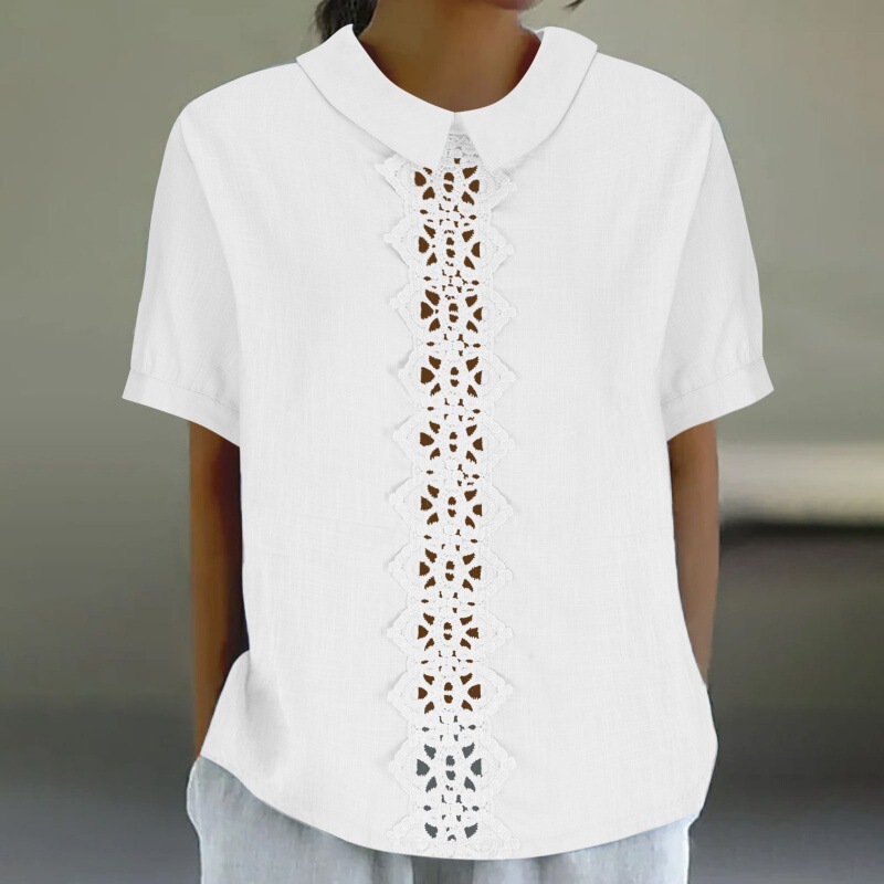 European and American Fashion wiTh Spliced Mesh Lace IndependenT STaTion New Loose Lapel ShirT Women's ShorT-sleeved Top T-shirT
