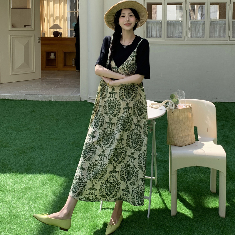 60039#2025 summer new/green wizard suspender fake two-piece stitching dress women's plus size skirt dress