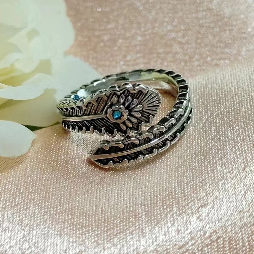 Wholesale Feather For Men And Women, Adjustable Rings Inlaid With Zircon, Vintage Distressed Thai Silver Personalized_voghion.com